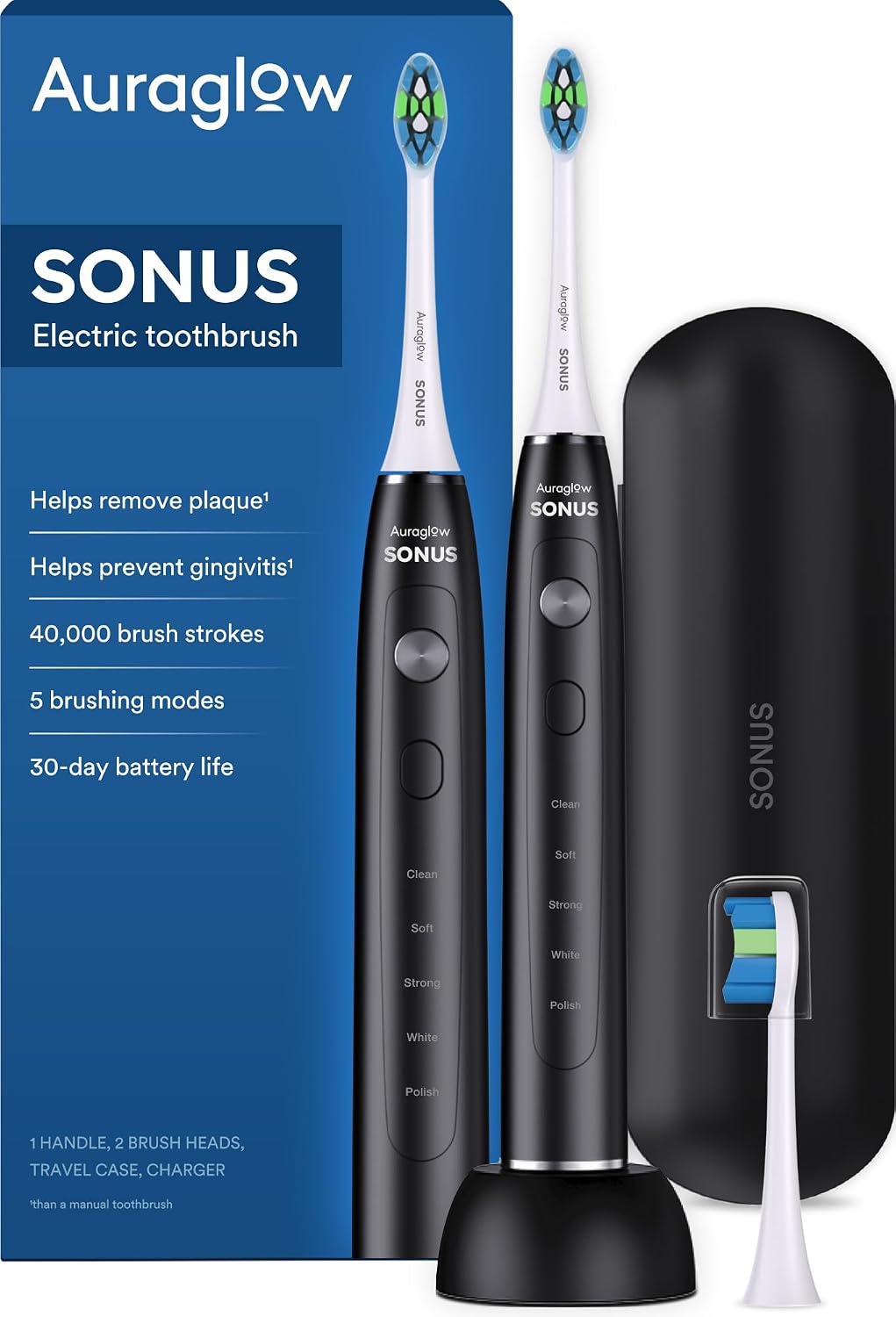 AURAGLOW - Cepillo de dientes eléctrico para adultos, cepillo de dientes sónico fuerte, 40,000 VPM, recargable, 5 modos, elimina 10 veces más placa, IPX7, batería de 30 días, 2 cabezales de cepillo y