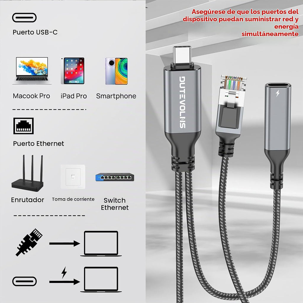 Cable USB-C a Ethernet y carga de 60 W de 6.6 pies, PD USB-C y LAN Gigabit 2