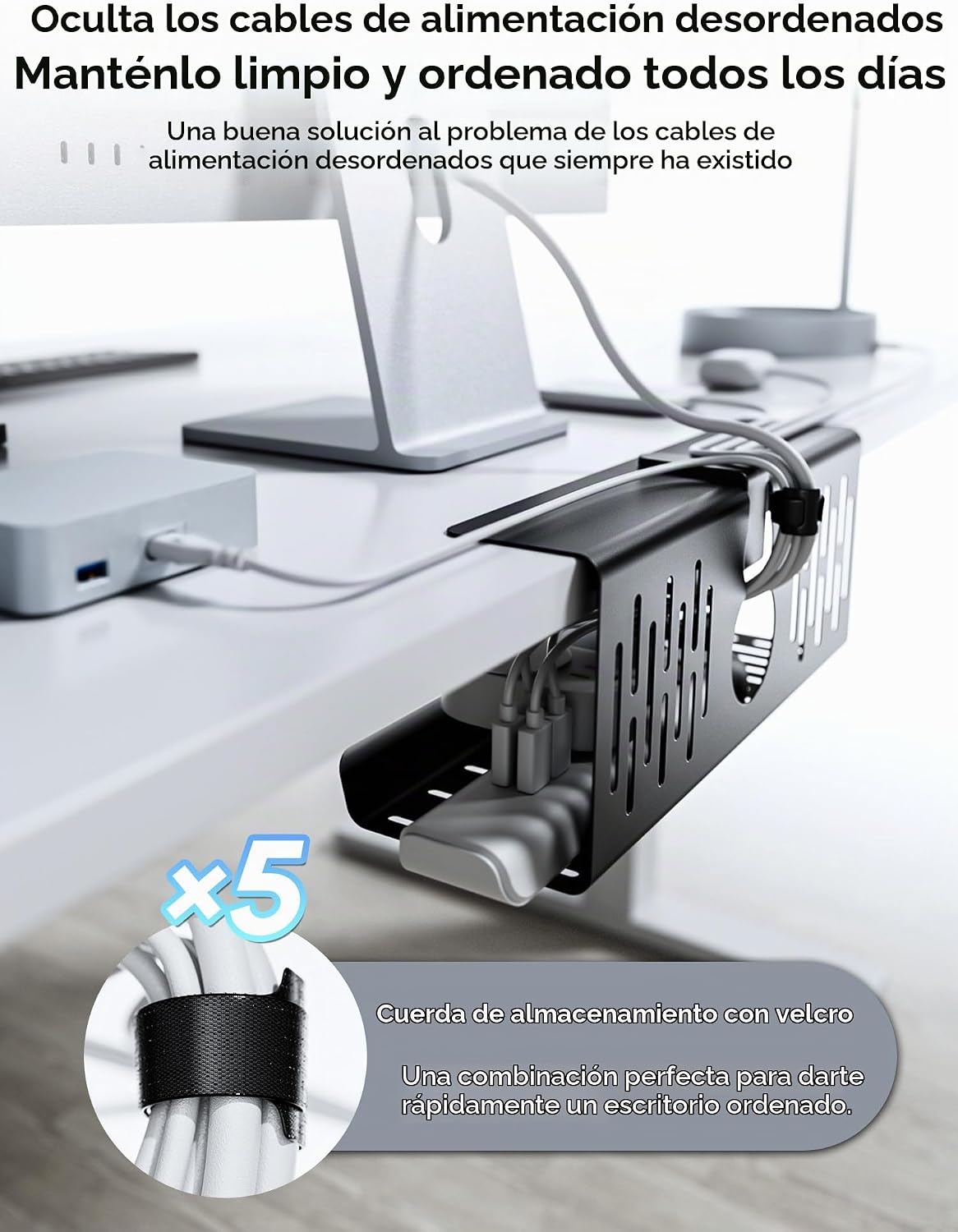 Bandeja de gestión de cables para debajo del escritorio sin perforación, gestión de cables de 14'', abrazadera sin perforaciones, bandeja de cables de metal, organizador de cables debajo del