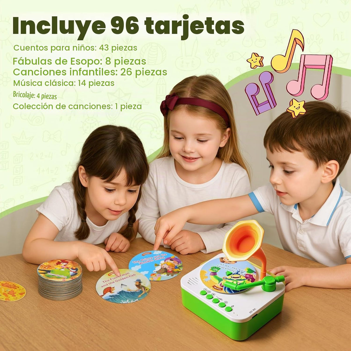 Tocadiscos fonógrafo infantil con 96 tarjetas de aprendizaje