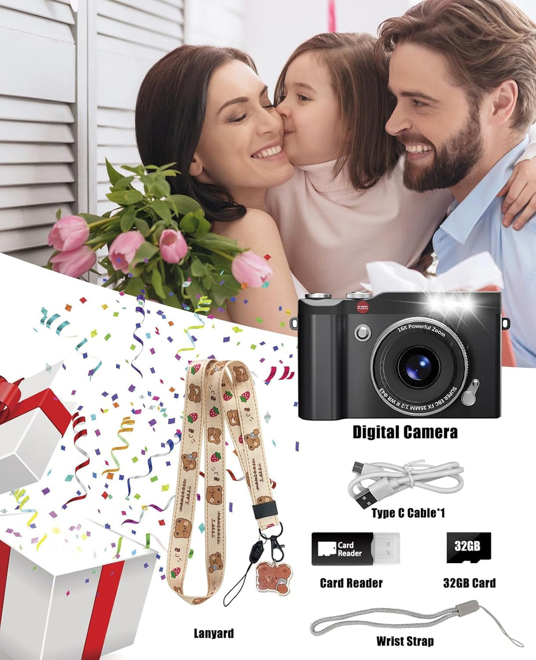 HEYMAO Cámara digital para niños de 64MP 1080P con pantalla abatibl...