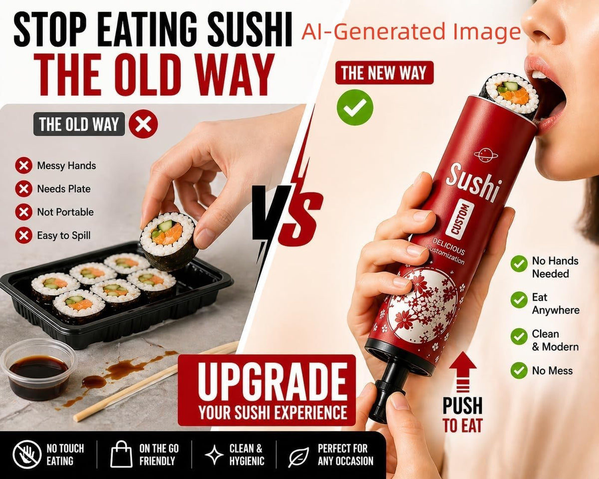 Tubo de sushi portátil, contenedor de sushi push-up, sin manos para comer sushi, soporte para rollo de sushi sobre la marcha con tubo de salsa para viajes, fiestas y comida para llevar (paquete