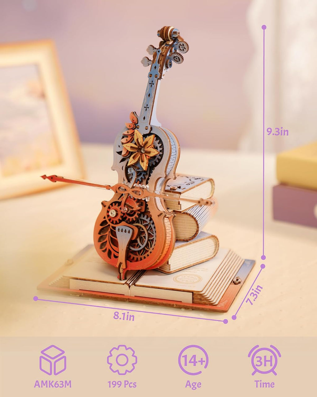 ROKR 3D Rompecabezas para Adultos, Cajas de Música de Madera - Violonchelo, Kits de Modelado para Adultos, Conjuntos de Construcción DIY, Regalos de Cumpleaños para Hobbies de Mujeres y Hombres