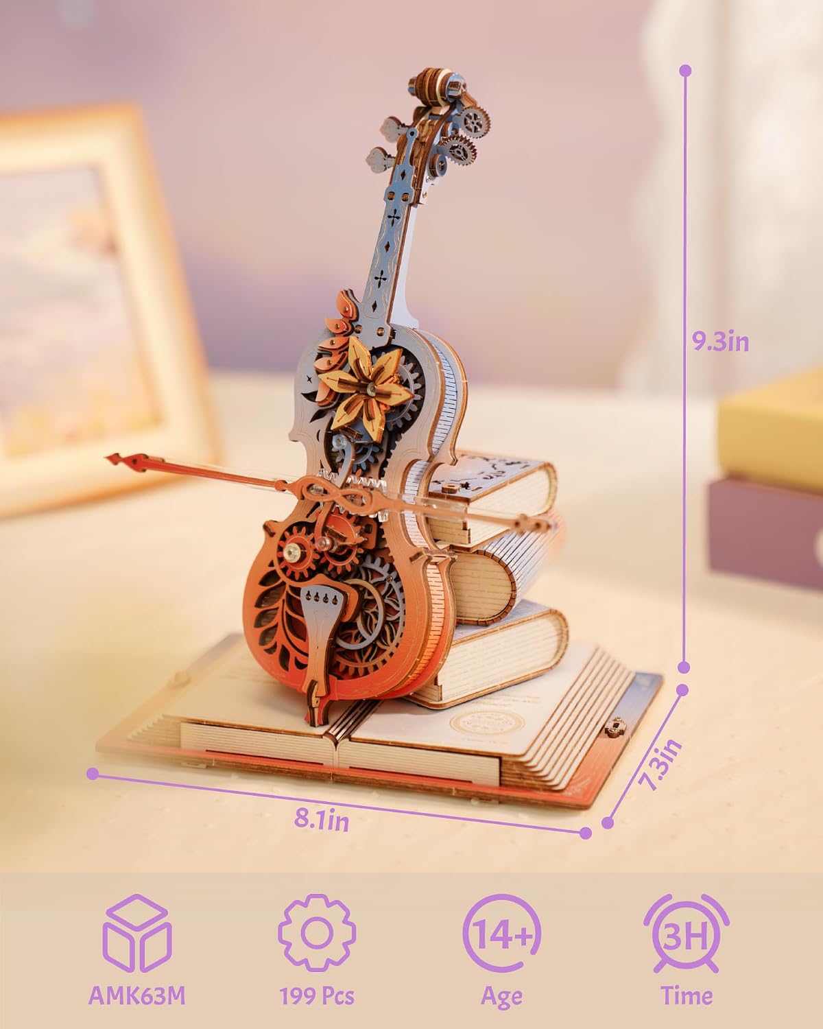 ROKR 3D Rompecabezas para Adultos, Cajas de Música de Madera - Violonchelo, Kits de Modelado para Adultos, Conjuntos de Construcción DIY, Regalos de Cumpleaños para Hobbies de Mujeres y Hombres