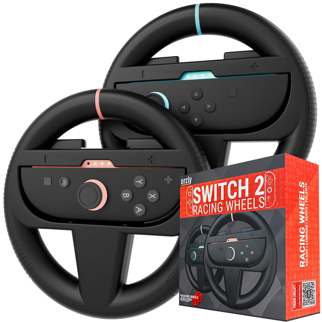 Orzly Volante Compatible con Switch 2 (Consola 2025) – Paquete Twin de Accesorios de Volante para Joy-Con Controllers y Juegos de Carrera de MarioKart (2 Volantes Neutros/Negros) Empacado como Regalo