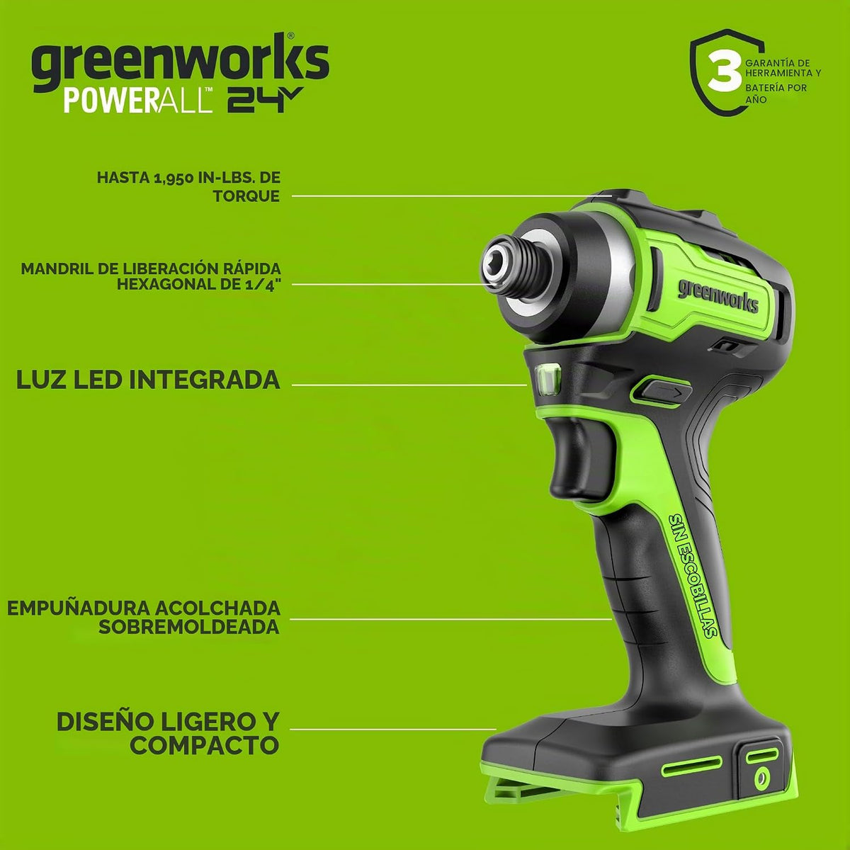 Greenworks - Taladro inalámbrico sin escobillas de 24 V, 400 pulgadas-libras más combo de destornillador de 1950pulgadas-libras, alto par, ligero, (2) baterías USB-C de 2.0 Ah (batería externa de