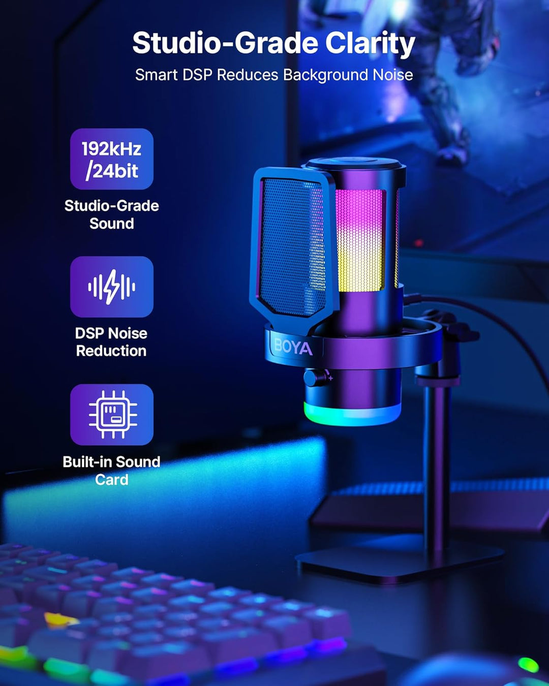 BOYA Micrófono USB para juegos, 192 kHz\/24 bits, supercardioide +...