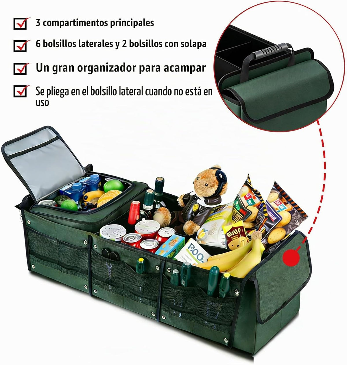 Organizador de maletero de automóvil con bolsa enfriadora extraíble, almacenamiento plegable con múltiples compartimentos para SUV, camión, comestibles, campamento, organizador de carga de nailon duradero (verde)