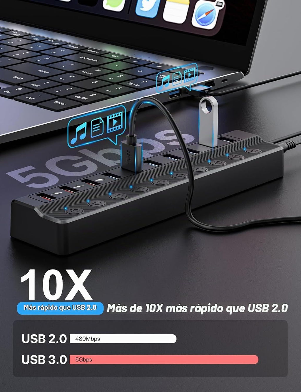 Onfinio, E336751-VolX3-SecA6009, hub USB 3.0 de 10 puertos, alimentado, adaptador 12V/3A