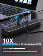 Onfinio, E336751-VolX3-SecA6009, hub USB 3.0 de 10 puertos, alimentado, adaptador 12V/3A