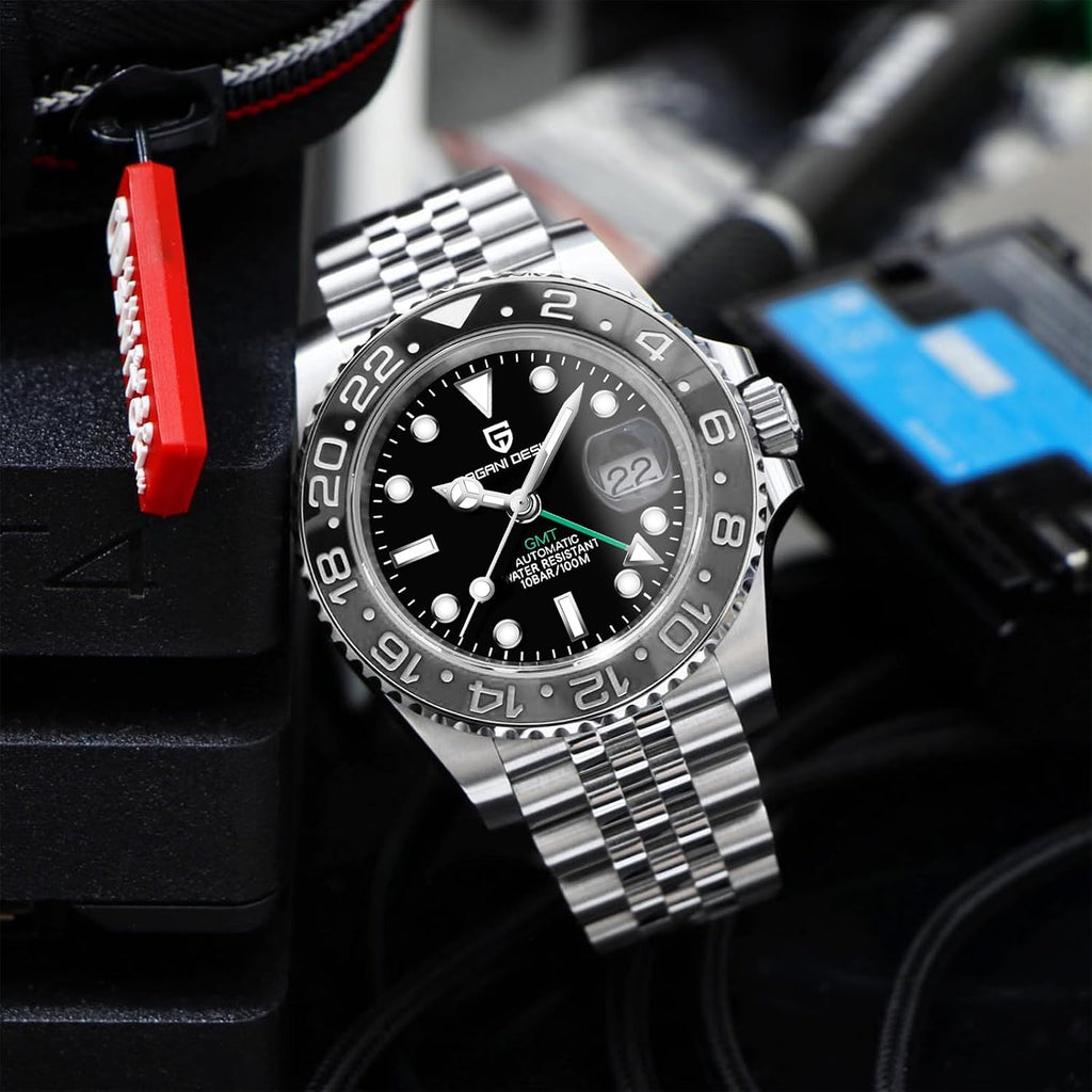 Reloj Pagani Design GMT para hombre, reloj automático de 1.575 pulgadas (40 mm), fecha, 100M resistente al agua, acero inoxidable, cristal de zafiro, reloj mecánico de pulsera PD-1662
