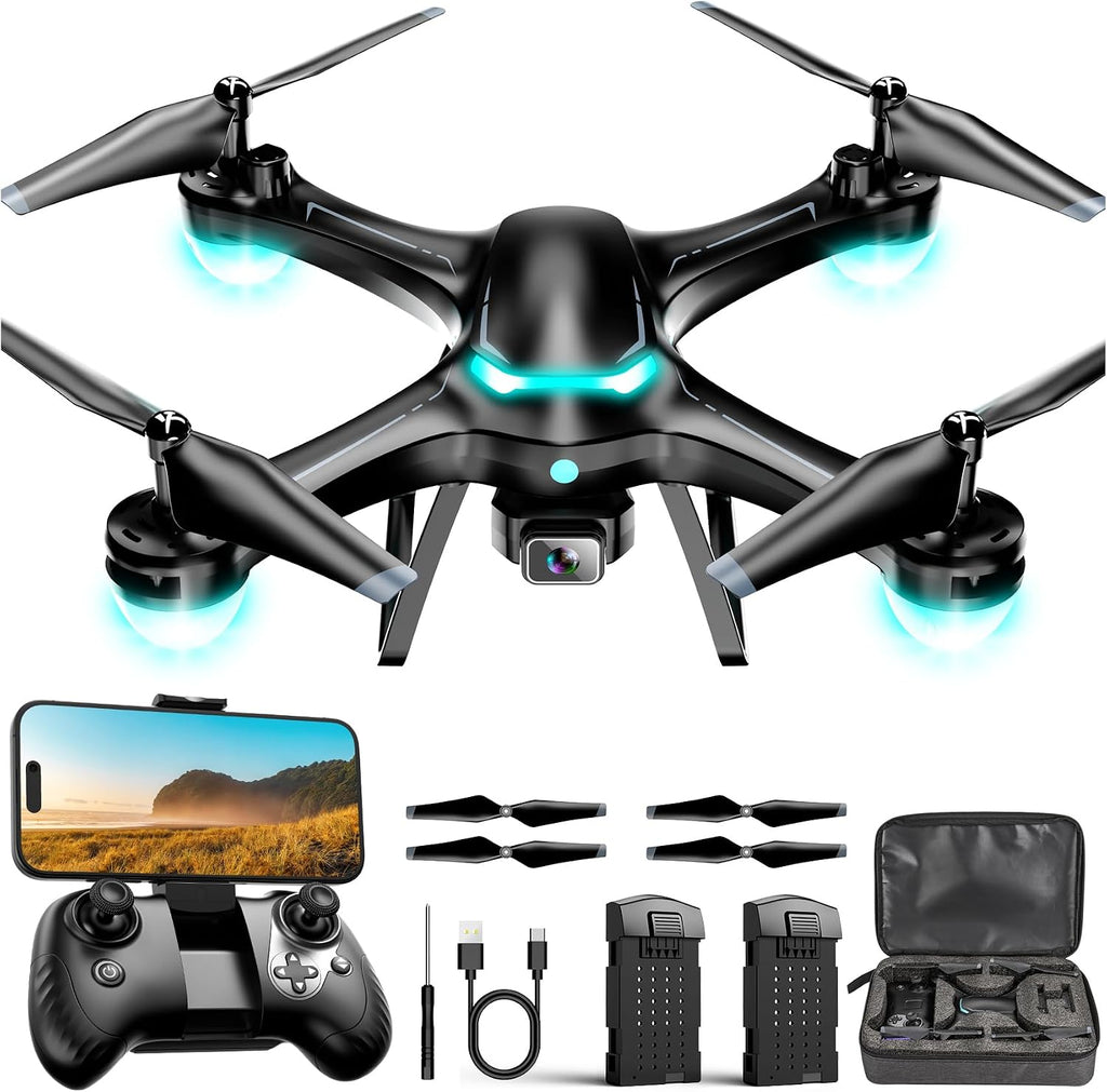 Drone con cámara 1080P, cuadricóptero de control remoto con selfie gestual, retención de altitud, inicio de una tecla, giros 3D, 2 baterías, negro