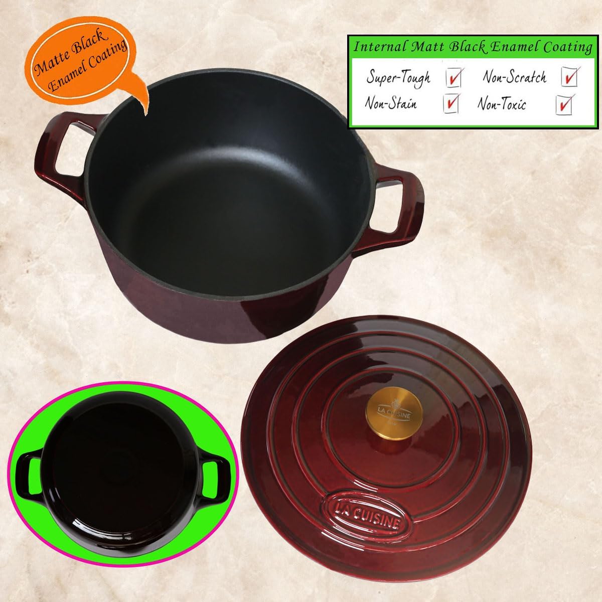 La Cuisine Cacerola de hierro fundido esmaltado para horno holandés con mango dorado para tapa, revestimiento interno de esmalte negro mate, 5 cuartos de galón de 10.5 pulgadas de diámetro, apto para horno 550°F/528.8 °F, arándano