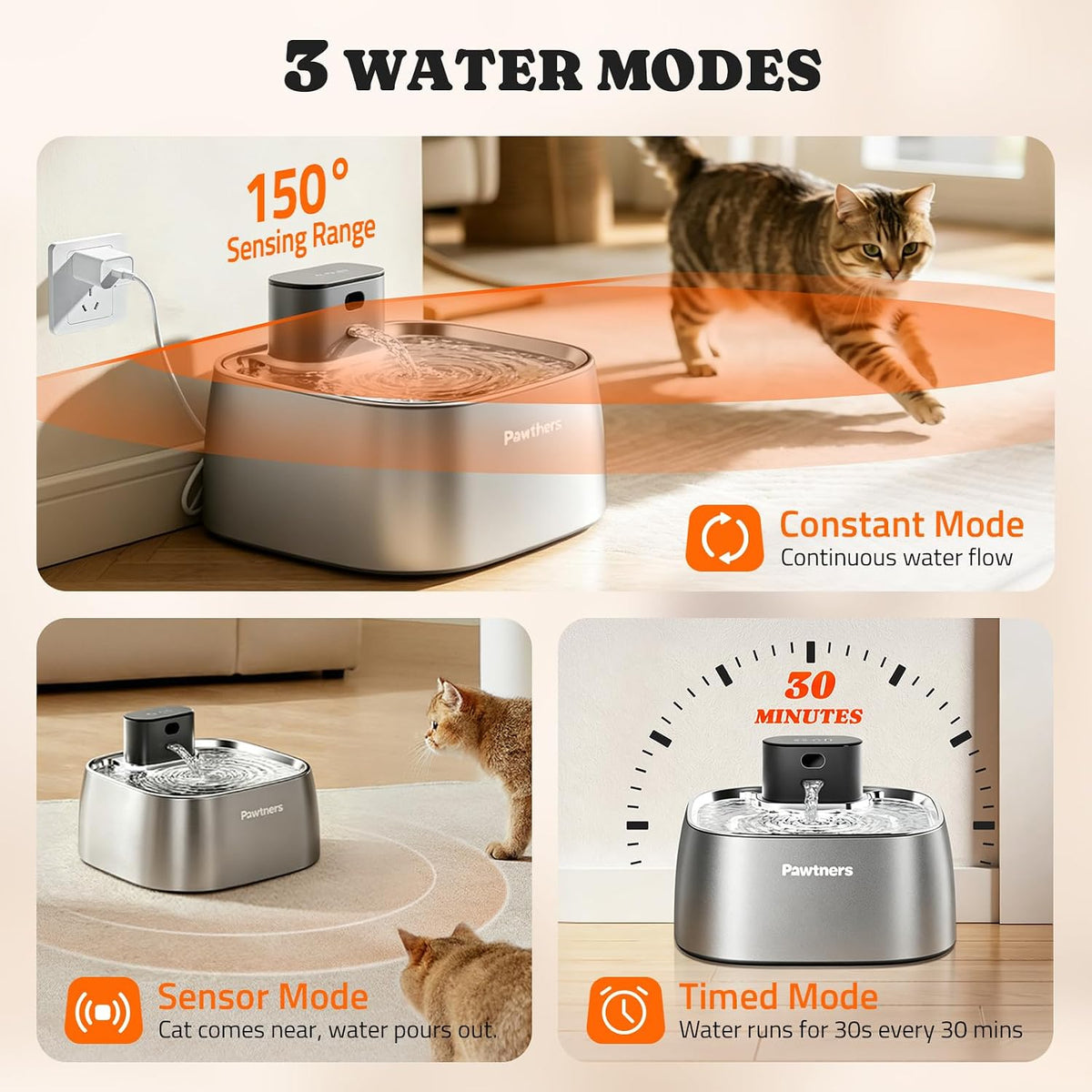 Fuente de agua para gatos sin bombeo de acero inoxidable 108oz