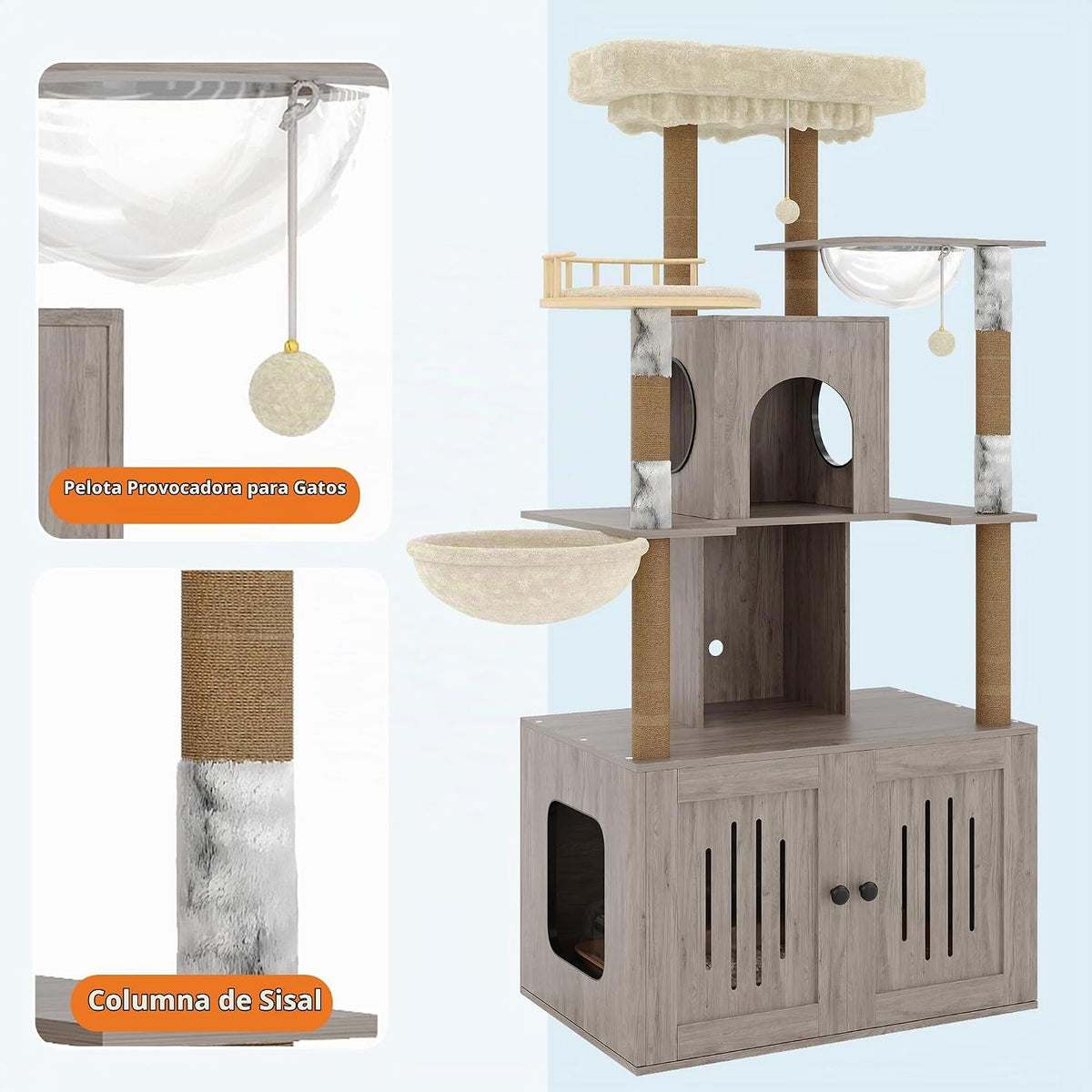 Árbol para gatos con caja de arena, torre para gatos de varios niveles con muebles ocultos, percha superior de felpa grande, postes rascadores de sisal, condominio para gatos y hamaca para gatos de