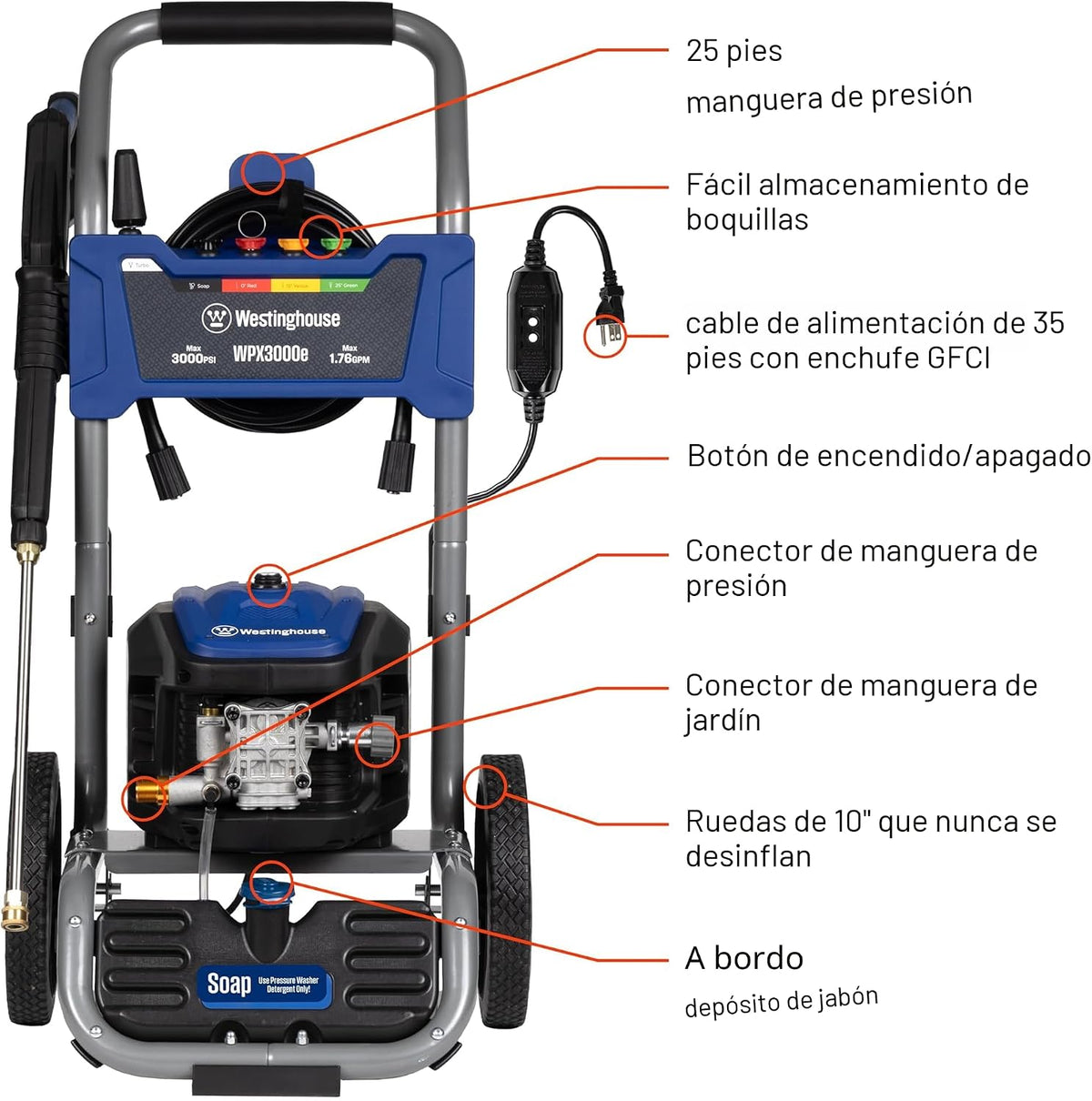 Lavadora a presión eléctrica Westinghouse WPX3000e, 3000 Max PSI y 1.76 Max GPM, motor de inducción, tanque de jabón a bordo, pistola de pulverización y varilla, juego de 5 boquillas, para autos