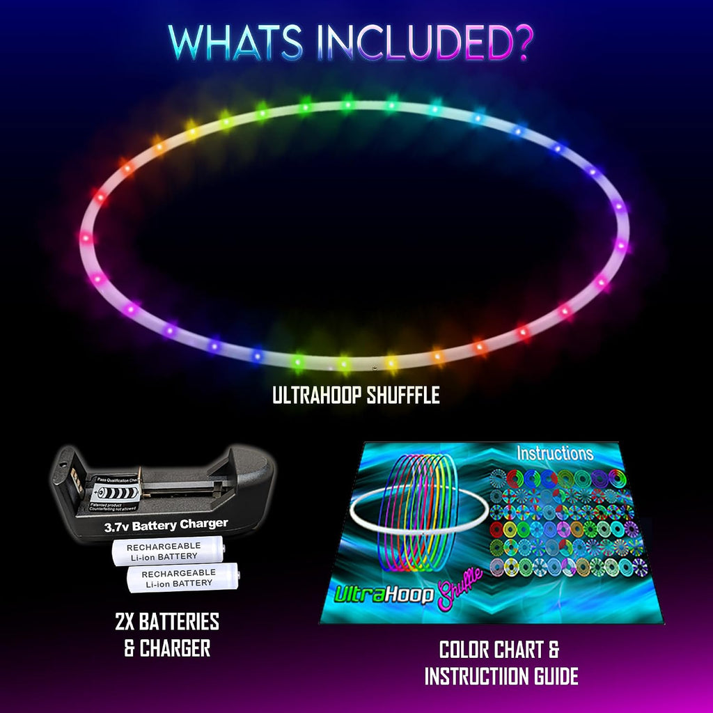 UltraHoop Shuffle LED Hoop – Aro LED inteligente con cambio de color automático y más de 100 patrones de luz – Recargable, plegable, juguetes de flujo que brillan en la oscuridad para