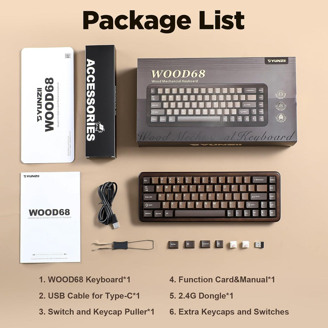 YUNZII WOOD68 Teclado mecánico inalámbrico, teclado de madera para...