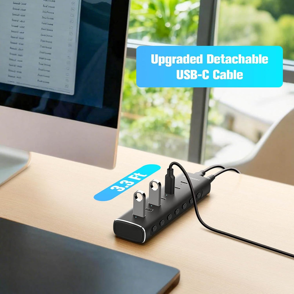 Rosonway, RSH-H7C4, hub USB 3.2 de 7 puertos, alimentado, adaptador 12V/3A