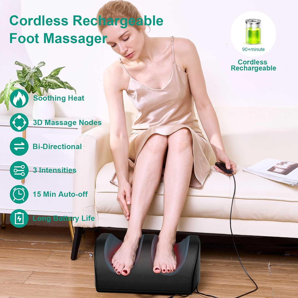 LINGTENG Masajeador de pies inalámbrico recargable con calor, masajeador de pies Shiatsu con control remoto de cable y masaje de rodillo, portátil para uso en el hogar y oficina, regalos para papá y mamá, no funcionará mientras se carga
