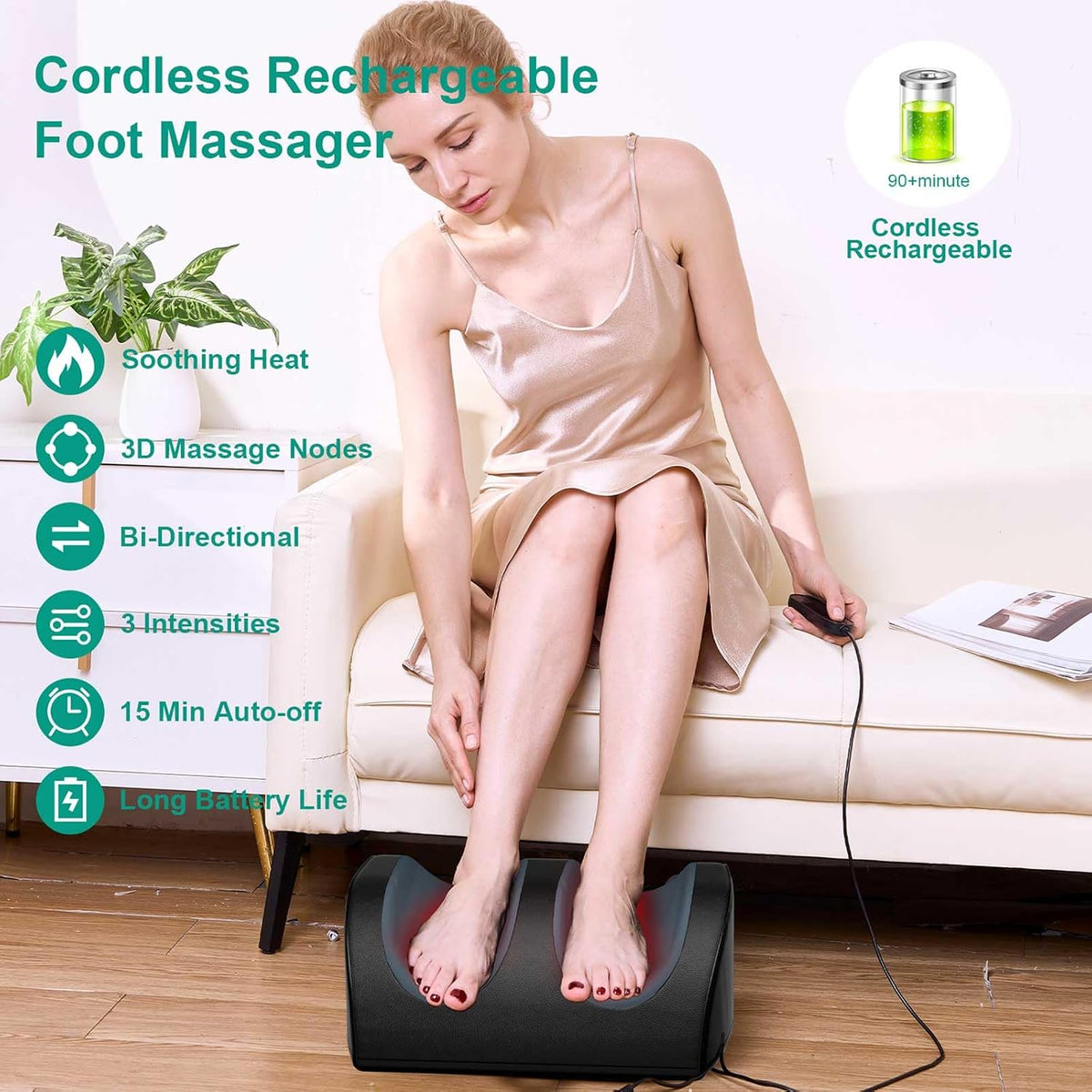 LINGTENG Masajeador de pies inalámbrico recargable con calor, masajeador de pies Shiatsu con control remoto de cable y masaje de rodillo, portátil para uso en el hogar y oficina, regalos para papá y mamá, no funcionará mientras se carga