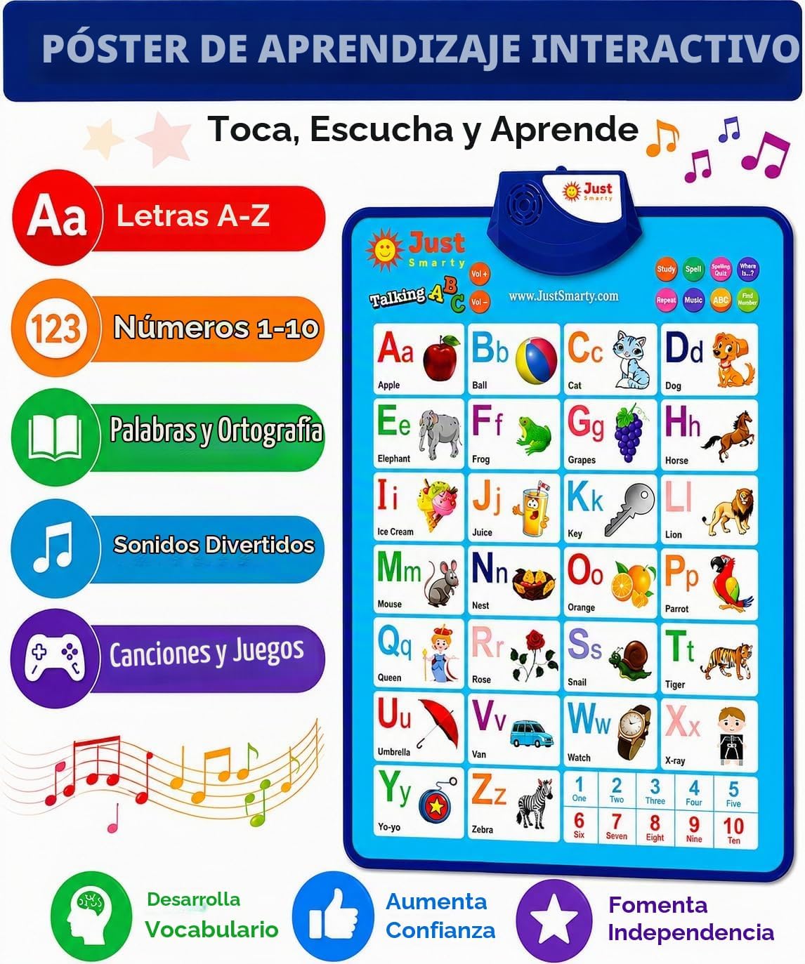 Just Smarty - Tabla interactiva de pared del alfabeto, ABC y 123, color