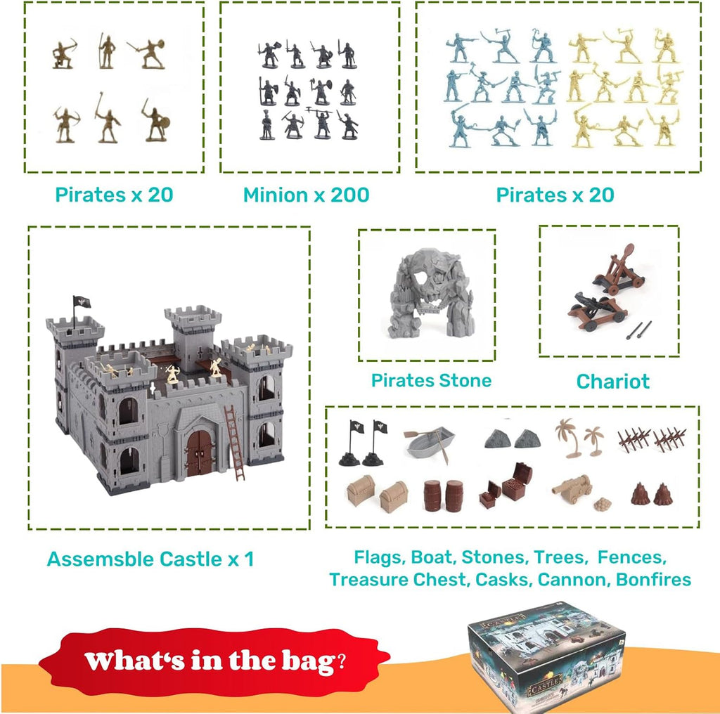 310 piezas/set Juego de figuras de acción de caballeros de castillo piratas medievales con castillo, soldado de juguete, catapulta, ballesta de asedio, cofre del tesoro (juego de castillo con