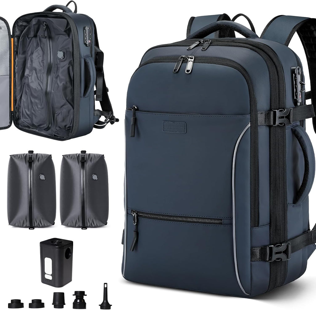 Mochila de viaje al vacío, mochila expandible de 70 litros con sistema de compresión, 2 bolsas de vacío de TPU desmontables, bloqueo TSA, resistente al agua, se adapta a portátiles de 16