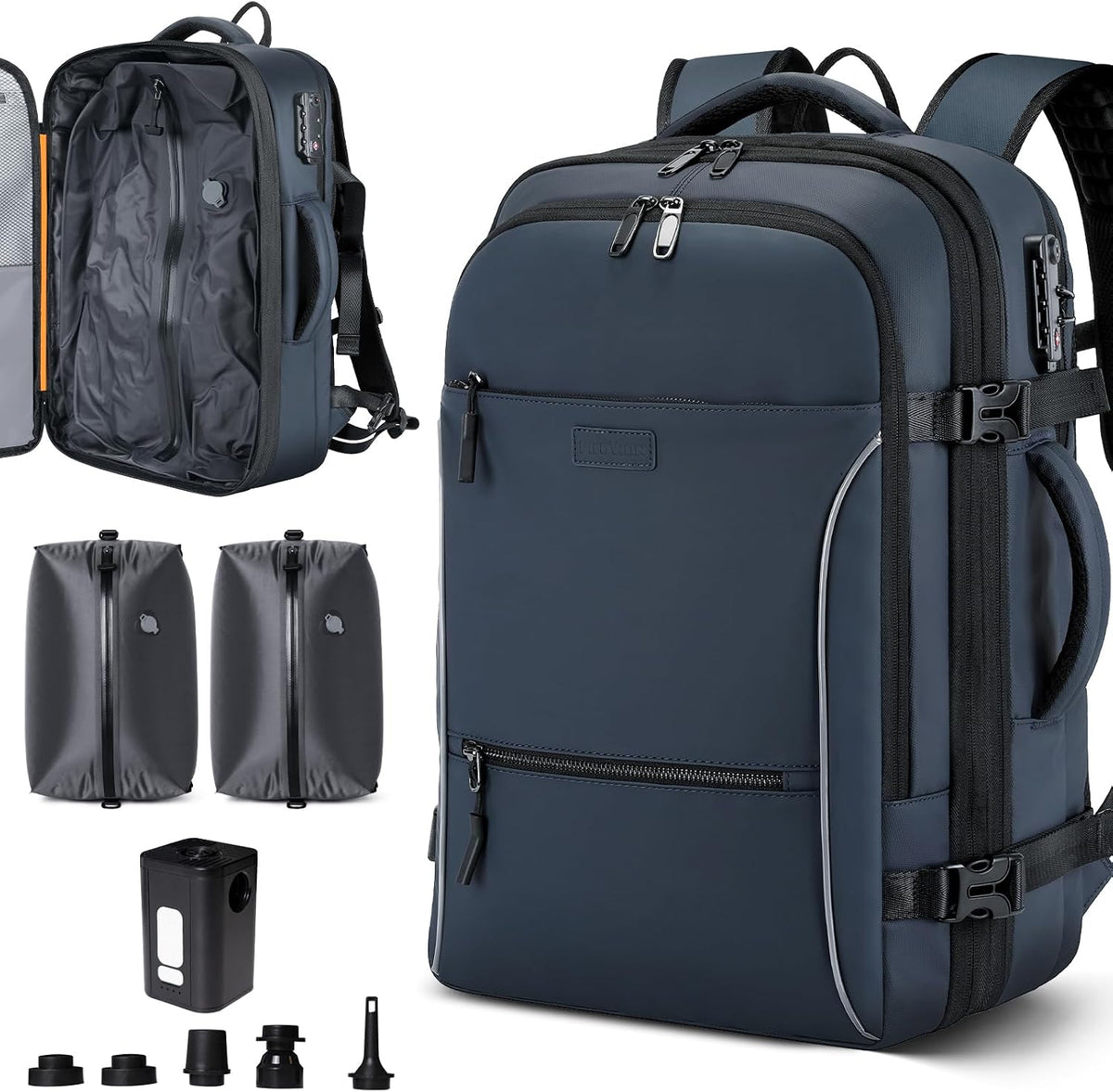 Mochila de viaje al vacío, mochila expandible de 70 litros con sistema de compresión, 2 bolsas de vacío de TPU desmontables, bloqueo TSA, resistente al agua, se adapta a portátiles de 16