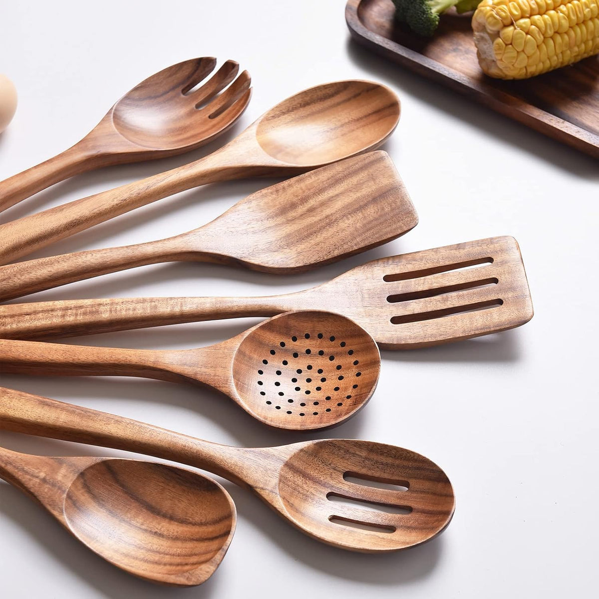 Utensilios de madera de 13 pulgadas de largo para cocinar, cucharas de madera de mango largo para cocinar, juego de 7 PIEZAS de cucharas de madera para manualidades, juego de utensilios de
