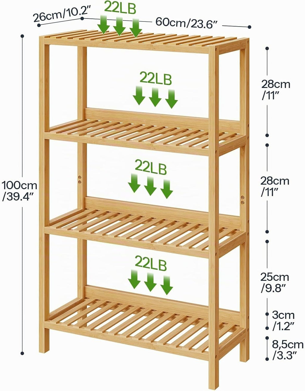 HOOBRO Estante de almacenamiento de bambú, estantería independiente de 4 niveles, estante de almacenamiento multifuncional con panel trasero, 23.6 x 10.2 x 39.4 pulgadas, para baño, sala de estar, balcón, cocina, natural YL95CJ01