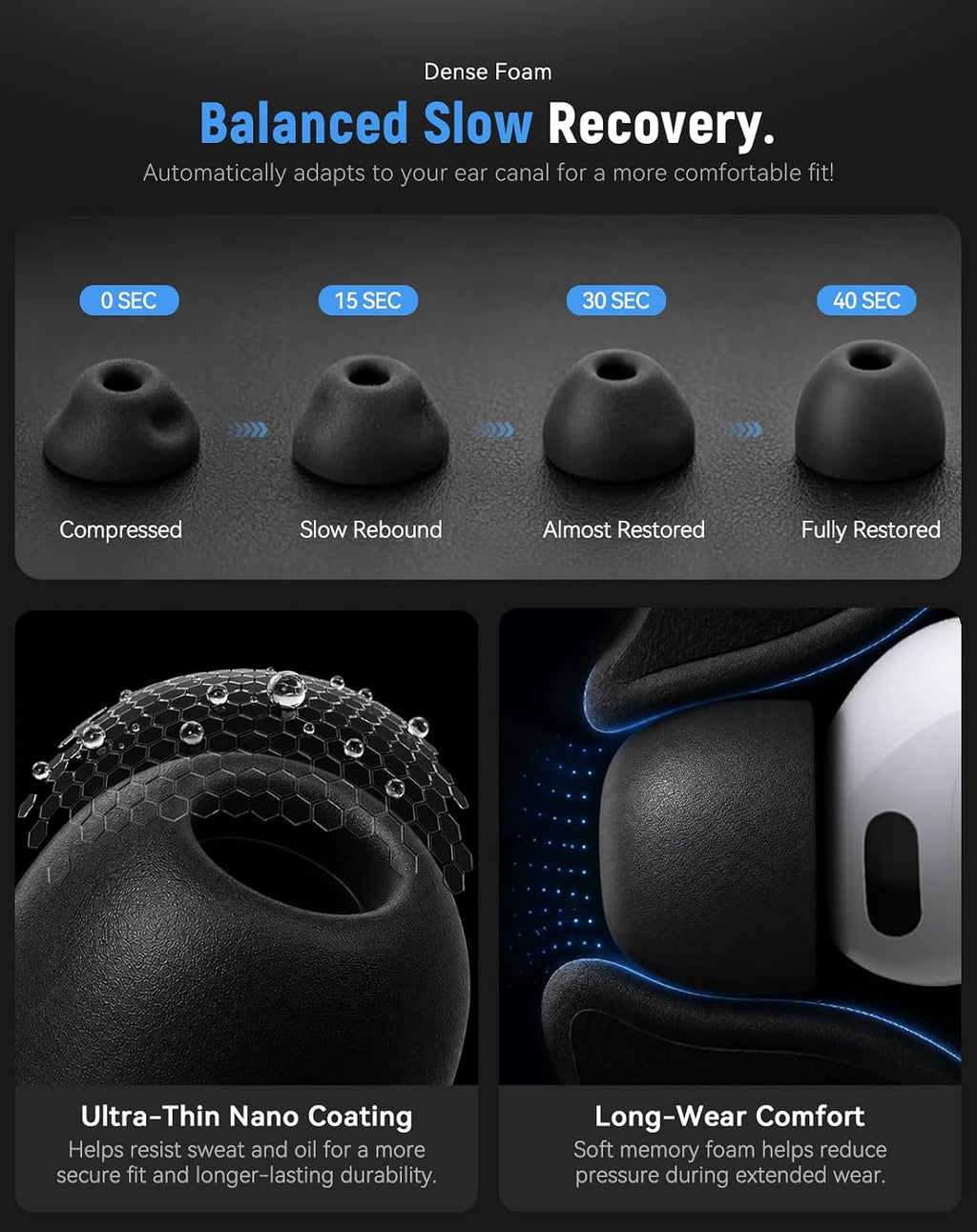 Puntas de espuma viscoelástica de reemplazo para AirPods Pro 3 (5 tamaños) - Negro