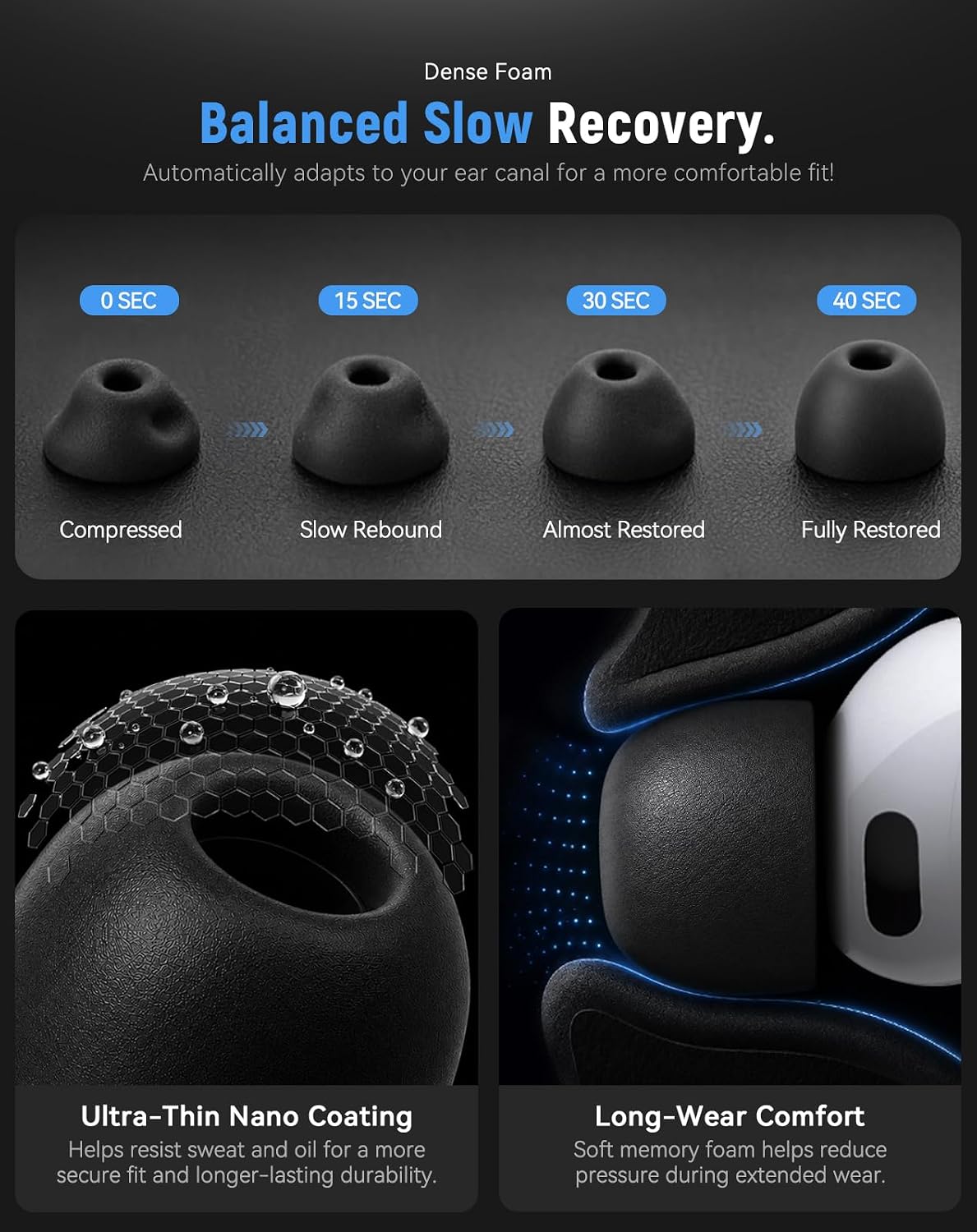Puntas de espuma viscoelástica de reemplazo para AirPods Pro 3 (5 tamaños) - Negro