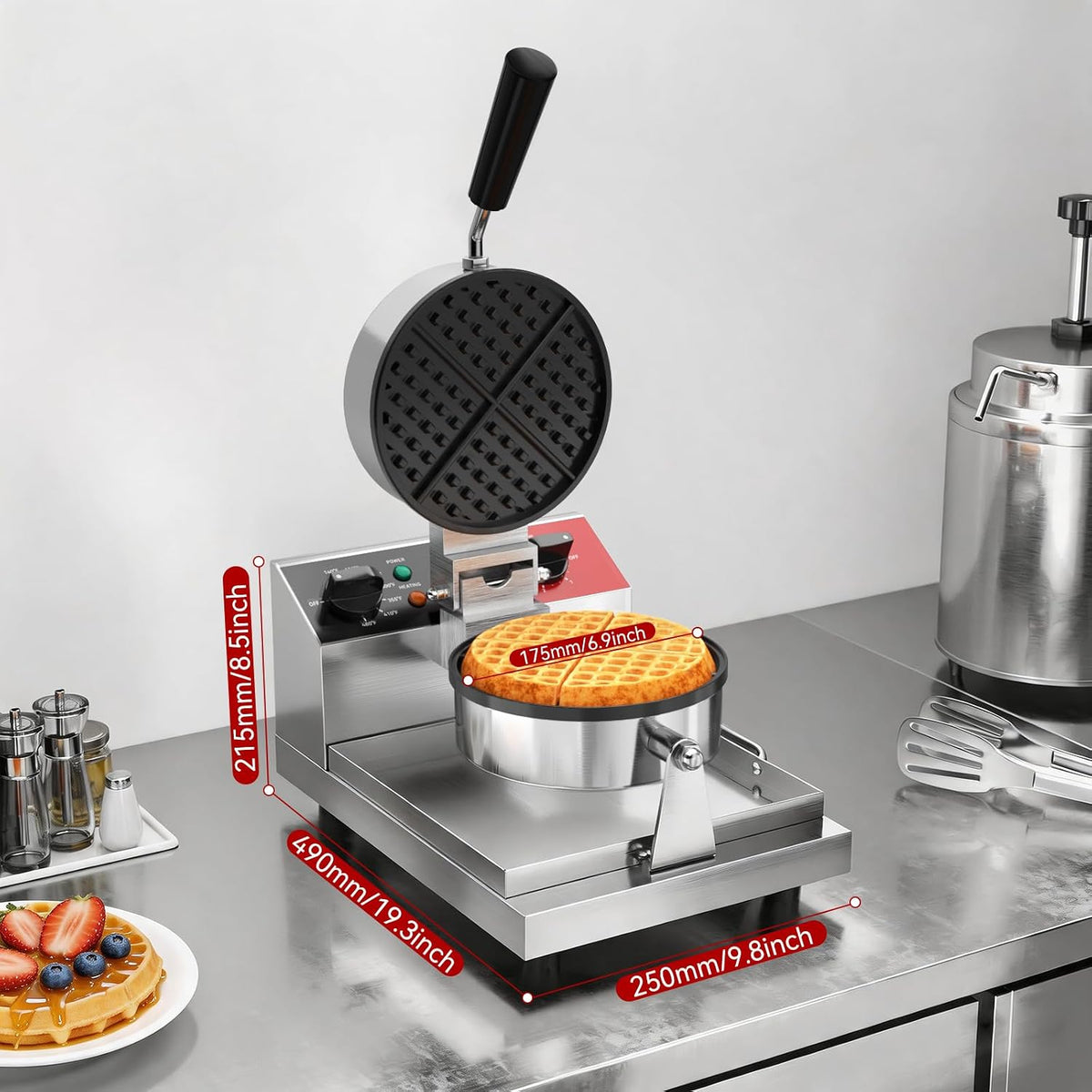 CROSSON Máquina de gofres comercial, máquina profesional redonda de gofres belga antiadherente con control de temperatura y tiempo para cocina del hogar, restaurante, panaderías, cocina, 120 V/1300 W