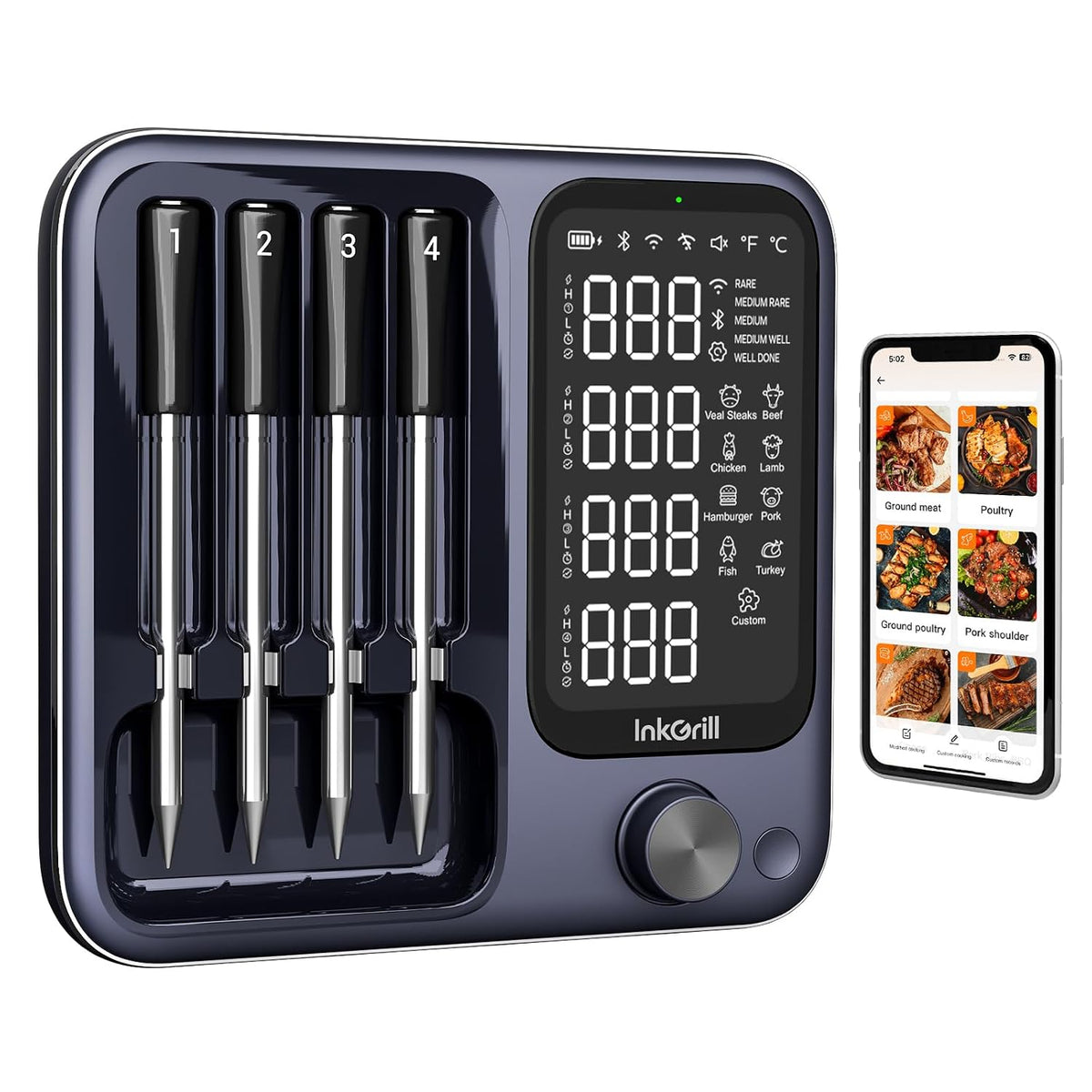 Termómetro inalámbrico de carne con control de aplicación, 4 sondas termómetro de carne digital, rango ilimitado WiFi y Bluetooth termómetro de carne para asador, parrilla, horno, ahumador