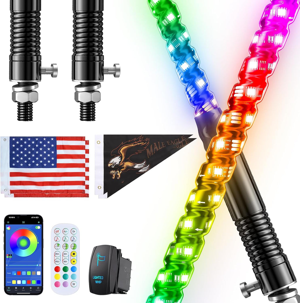 Ehaho 2PCS 5FT Whip Lights con base de resorte, RGB Chasing, APP y Control Remoto