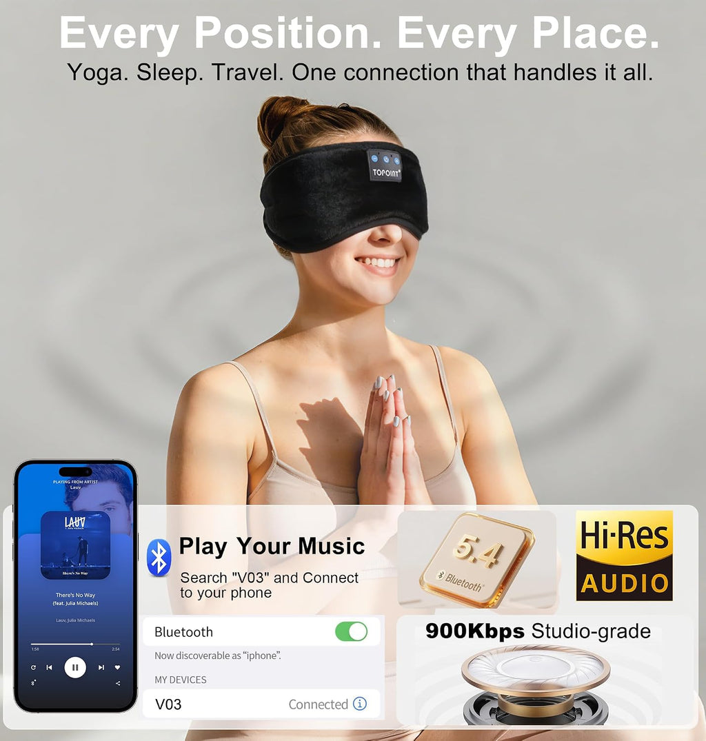 TOPOINT - Antifaz para dormir con auriculares Bluetooth 5.4 inalámbricos, auriculares para dormir con micrófono, altavoces HD, música, antifaz para dormir y meditar, para hombres y mujeres, accesorios