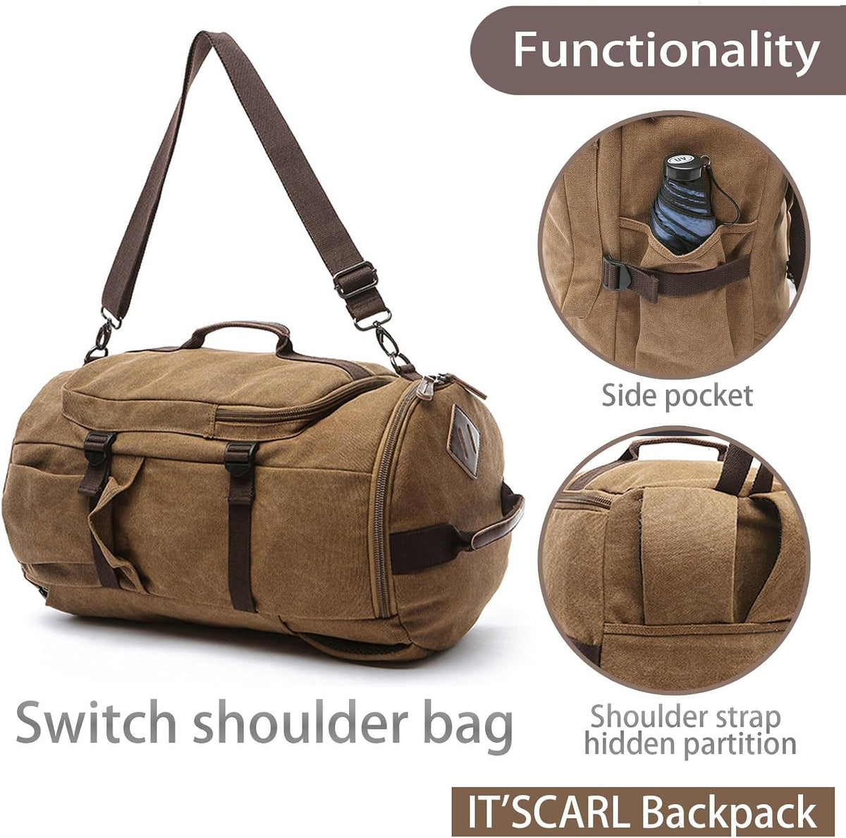 IT'SCARL Mochila grande para hombres, mochila de viaje, bolsa grande de lona, mochila de trabajo (caqui)