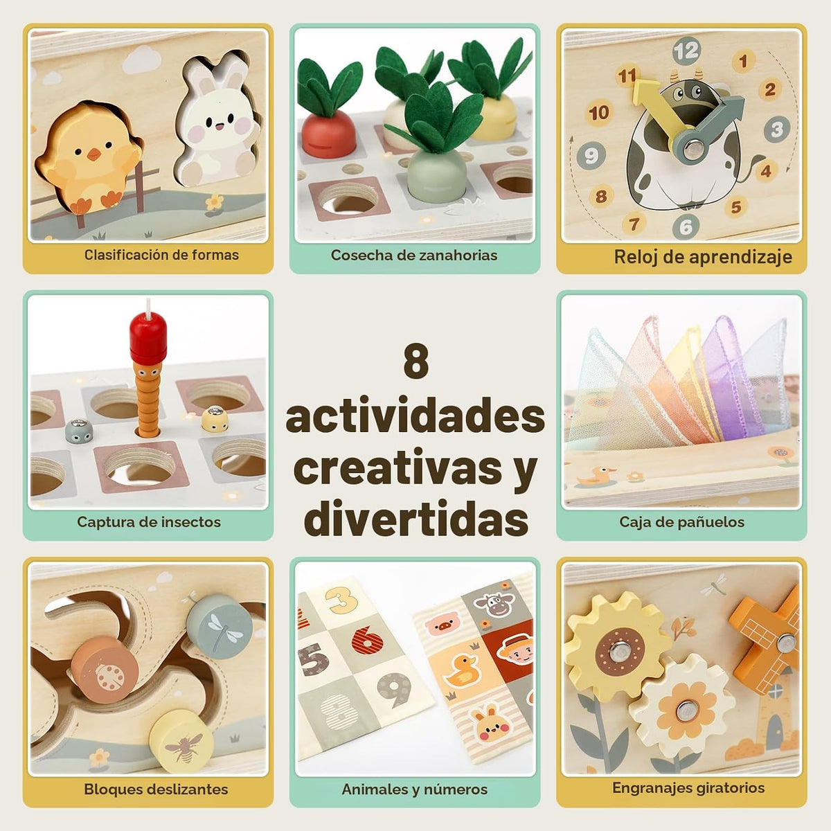 Joyreal - Caja de pañuelos Montessori 8 en 1, juguetes para más de 1 año, cubo de actividades de madera