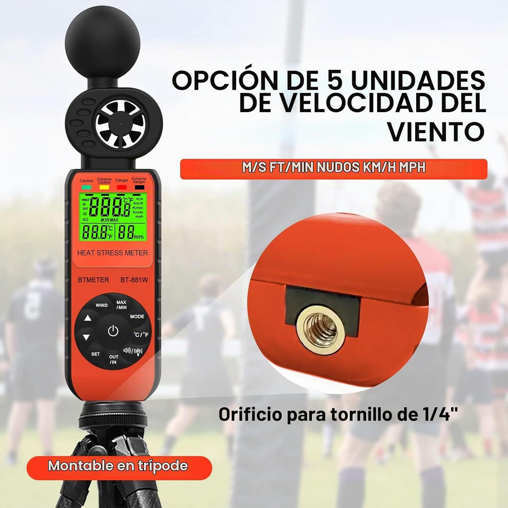BTMETER BT-881W - Anemómetro medidor de estrés térmico, medidor digital para interiores y exteriores WBGT (temperatura de globo de bulbo húmedo) con velocidad del viento, temperatura ambiente, probador de humedad