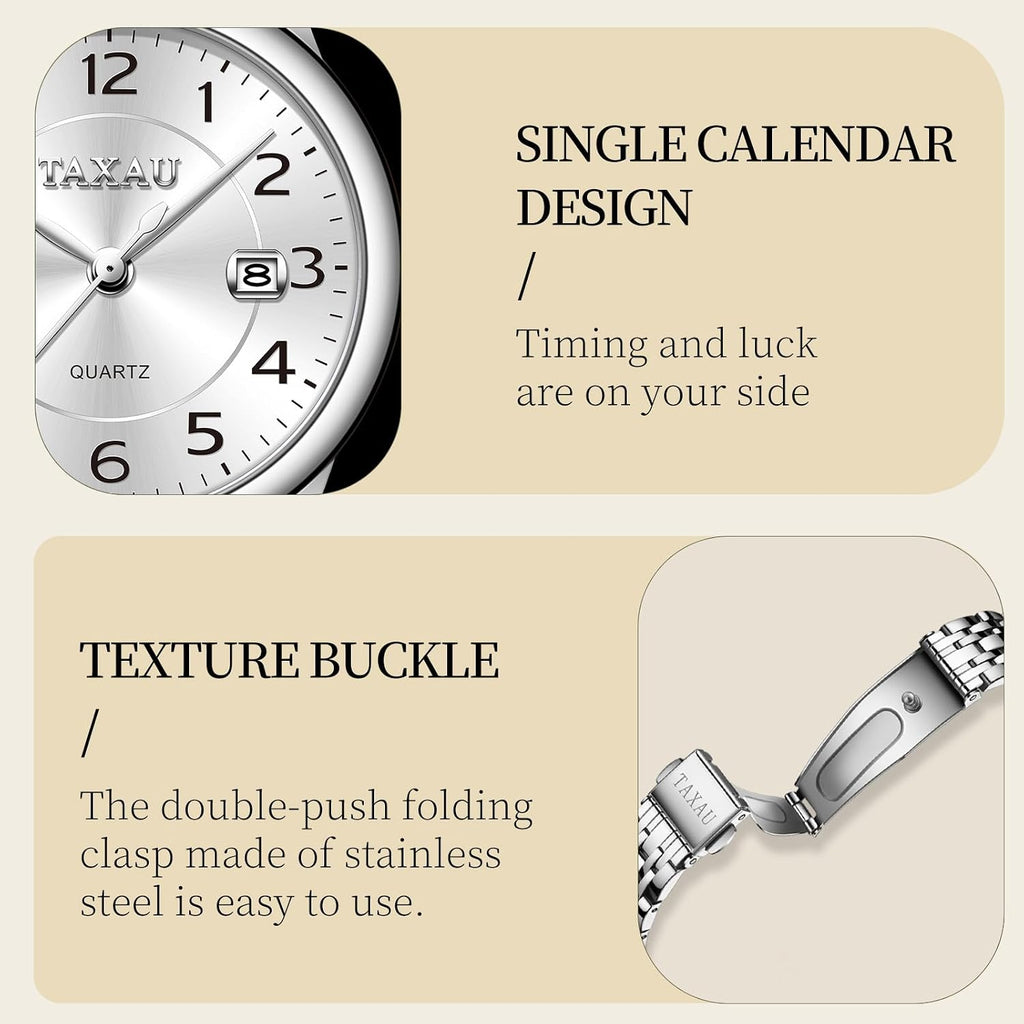 Reloj de Mujer Elegante Analógico a Cuarzo con Carga de Fecha, Números Arábigos Grandes, Impermeable, Dos Tonos, Acero Inoxidable, Pequeño, Reloj de Muñeca