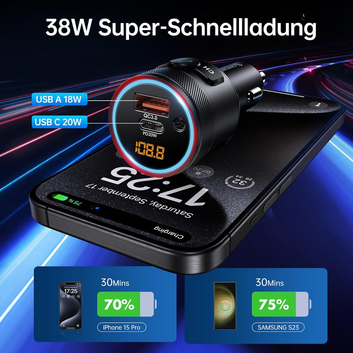 Syncwire Transmisor FM Bluetooth 5.4 para coche, 38 W PD y QC3.0 Dual USB Carga Bluetooth Adaptador de coche Micrófono y sonido de graves MP3 Reproductor de música FM Kit con llamadas manos libres