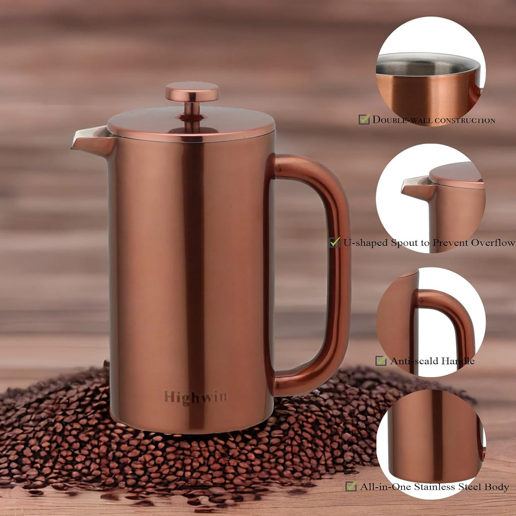 Cafetera de 8 tazas, con prensa de café francesa, 34 onzas, acero inoxidable, resistente, tetera con desatascador de acero inoxidable, Vajilla, Cobre