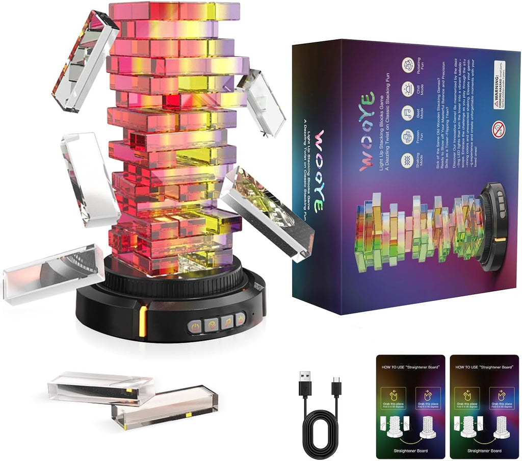 Juego de torre que brilla en la oscuridad, base giratoria y luces RGB para pastilla, bloque acrílico, apilamiento y equilibrio divertido para Kds y aduits, juego de mesa interior para noche de juegos