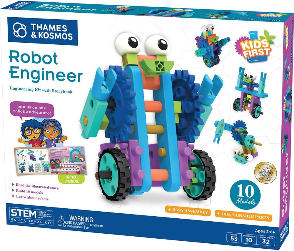 Thames & Kosmos Primer kit de ingeniería de robots para niños: experimento STEM para jóvenes aprendices | Construye 10 robots sin motor | Juega y aprende con manual en formato libro de cuentos |