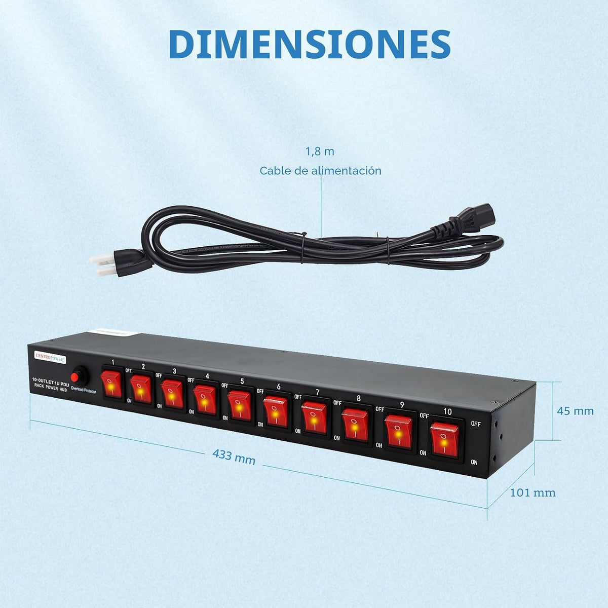 1U PDU Horizontal Rackmount Power Strip - Overload Protector
