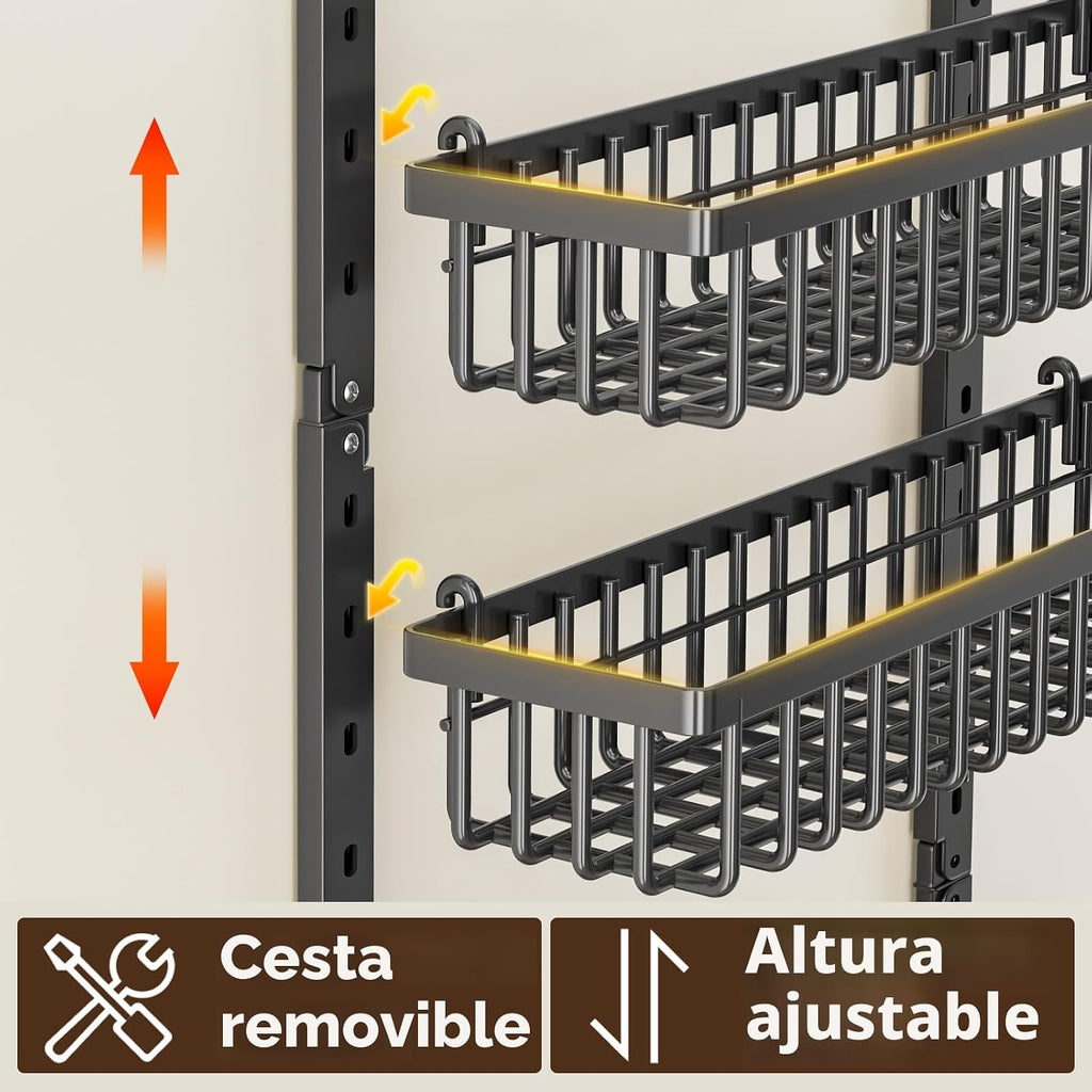 Organizador de despensa de 9 niveles sobre la puerta, soporte de pared 2 en 1 o estante de especias colgante con cesta profunda ajustable, organizador de condimentos resistente y almacenamiento para armario de cocina, armario, baño