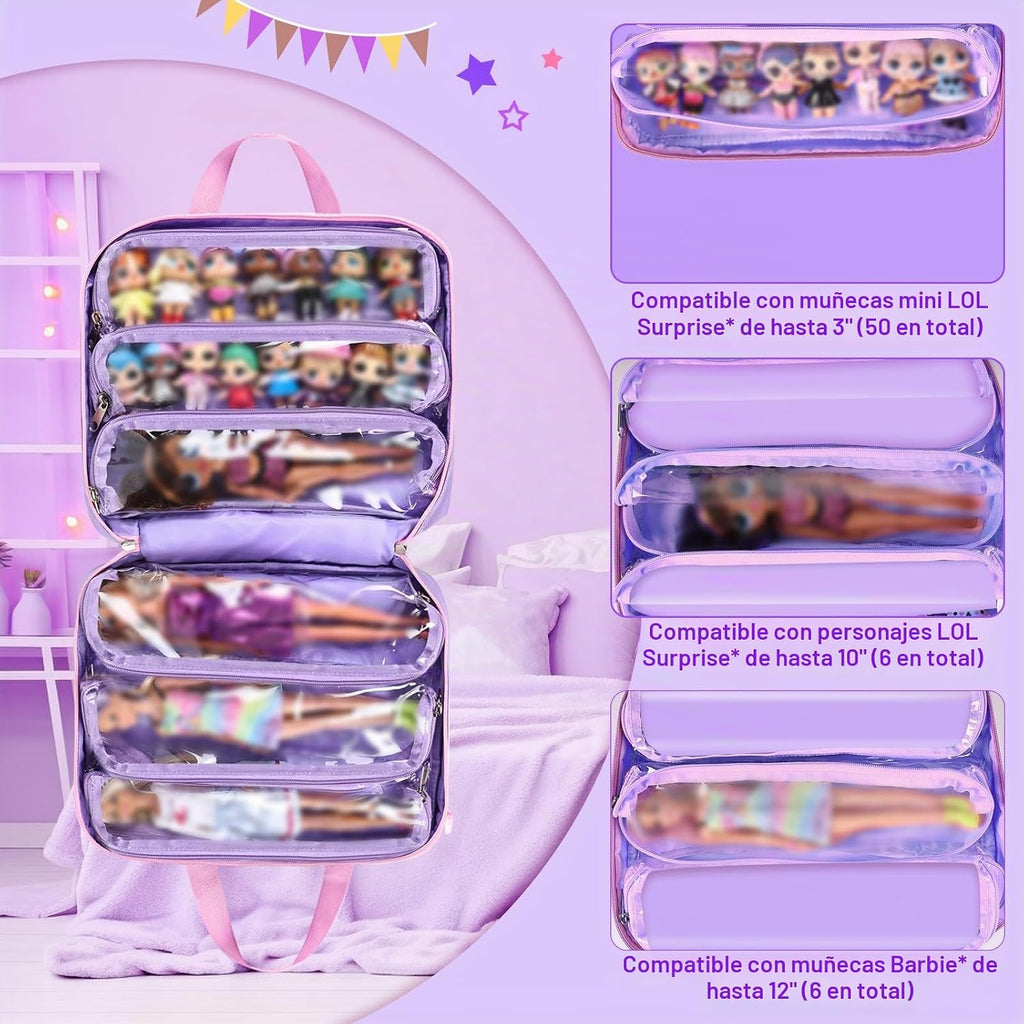 Bolsa de transporte para muñecas compatible con muñecas LOL Surprise, bolsa de transporte compatible con muñecas Barbie de 6 a 12 pulgadas, organizador todo en uno para muñecas y