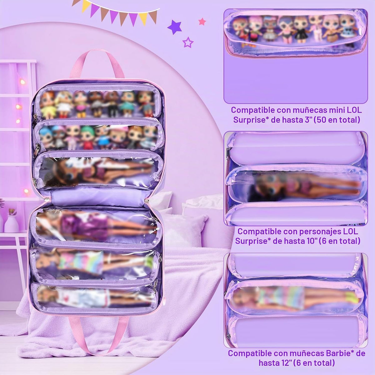 Bolsa de transporte para muñecas compatible con muñecas LOL Surprise, bolsa de transporte compatible con muñecas Barbie de 6 a 12 pulgadas, organizador todo en uno para muñecas y