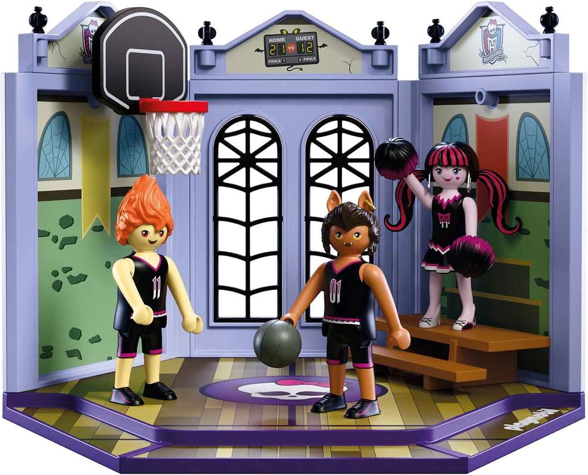 Playmobil Monster High | Monster High Cancha de casos | Juego de sala deportiva con Draculaura, Lobo Garra, quemaduras de salud y acción de baloncesto | para fanáticos mayores de 5 años | 72144